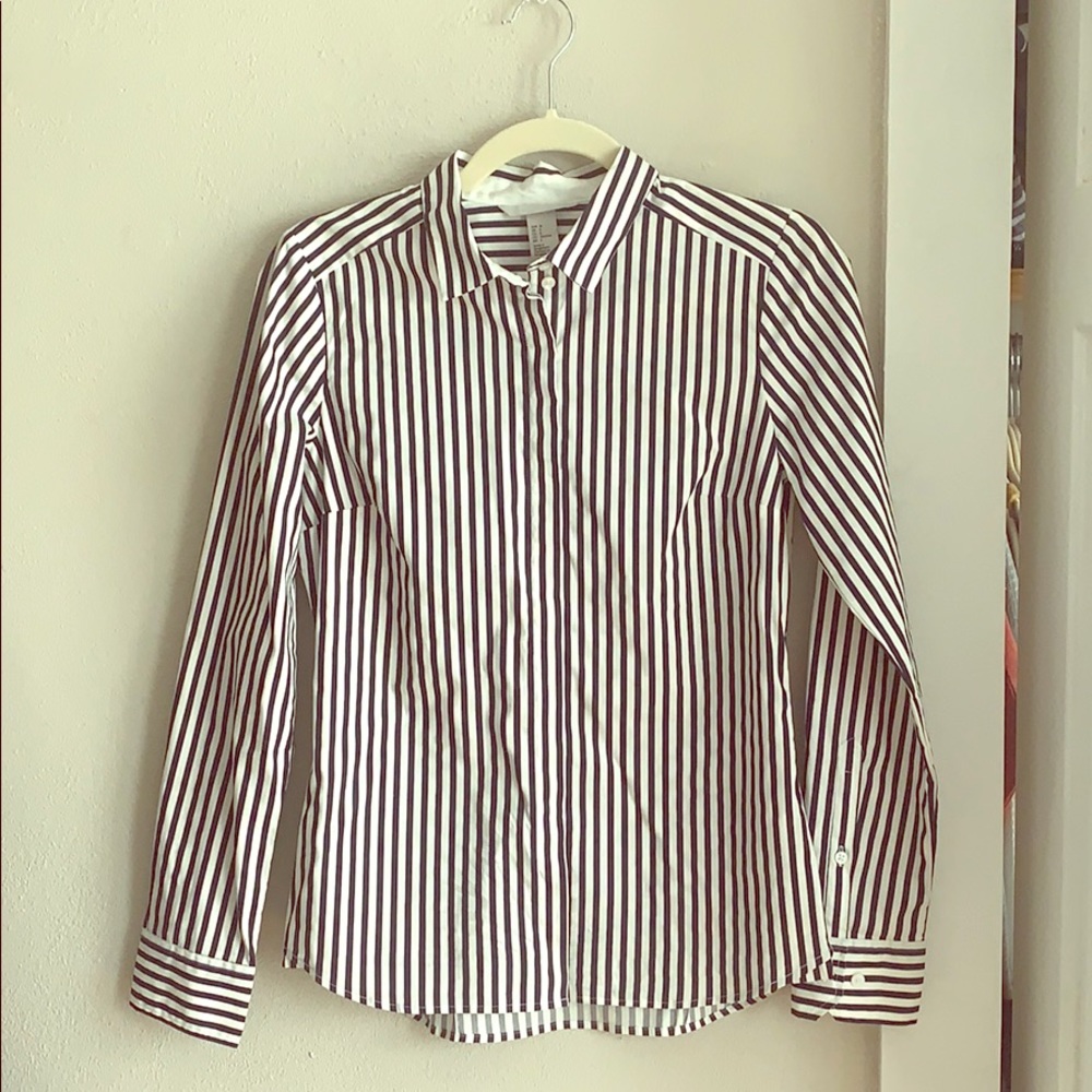 Navy and white striped dress shirt.